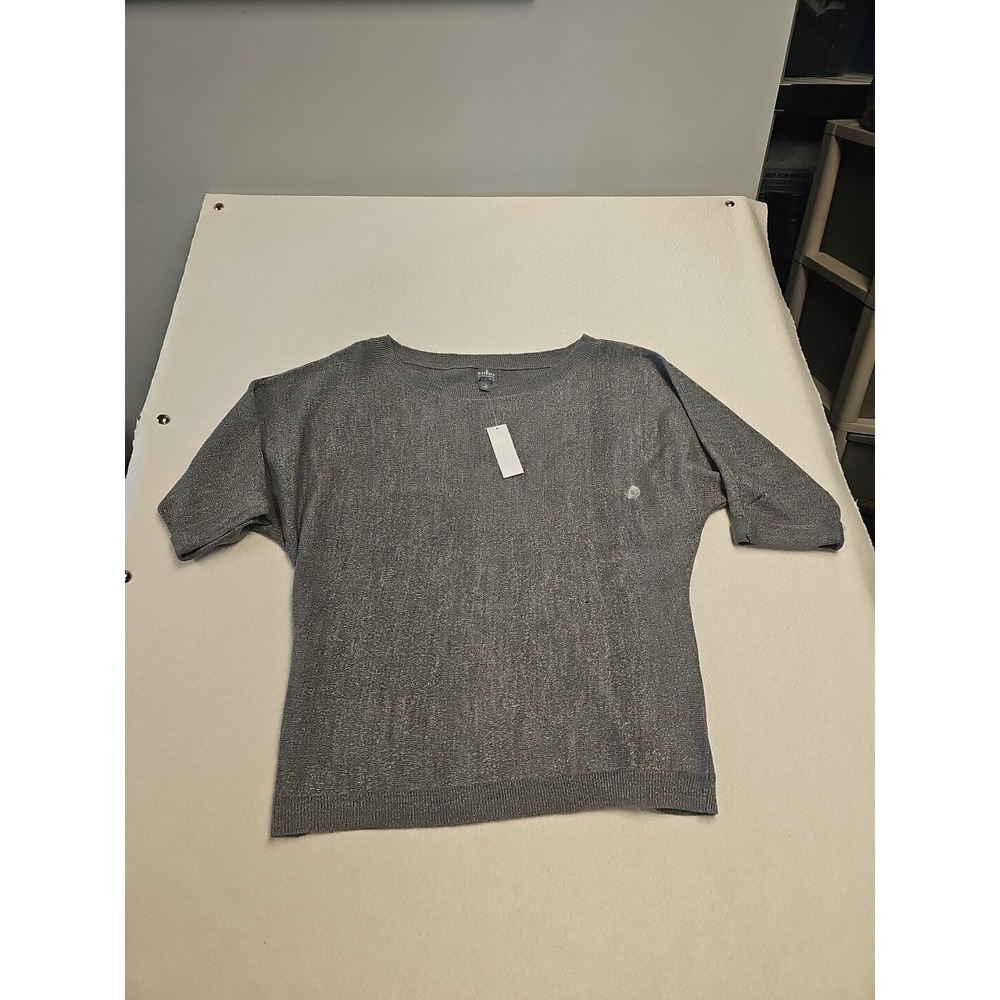 Soho‎ New York & Company Silver Metallic Knit Batwing Short Sleeve Sweater Small
